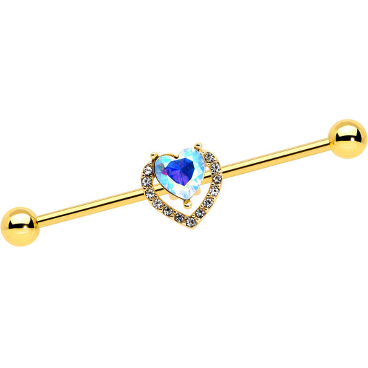 14G Aurora Gem Gold Hue Rococo Heart Industrial Barbell 38mm