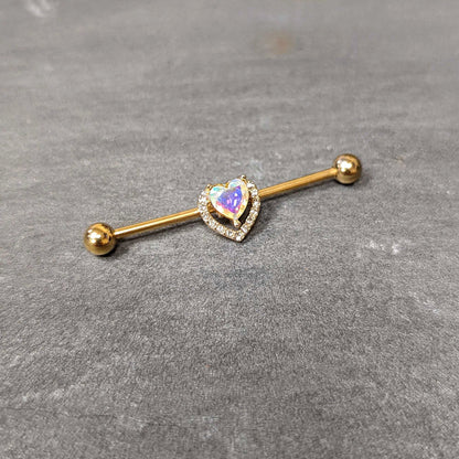 14G Aurora Gem Gold Hue Rococo Heart Industrial Barbell 38mm