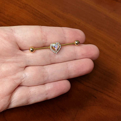 14G Aurora Gem Gold Hue Rococo Heart Industrial Barbell 38mm