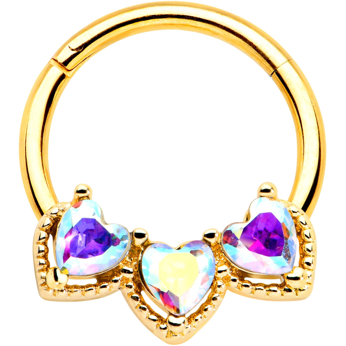 16G 3/8 Aurora Gem Gold Hue Rococo Trio Heart Hinged Segment Ring