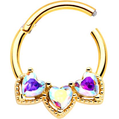 16G 3/8 Aurora Gem Gold Hue Rococo Trio Heart Hinged Segment Ring