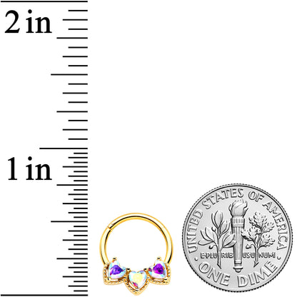 16G 3/8 Aurora Gem Gold Hue Rococo Trio Heart Hinged Segment Ring