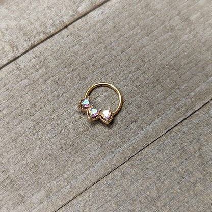 16G 3/8 Aurora Gem Gold Hue Rococo Trio Heart Hinged Segment Ring