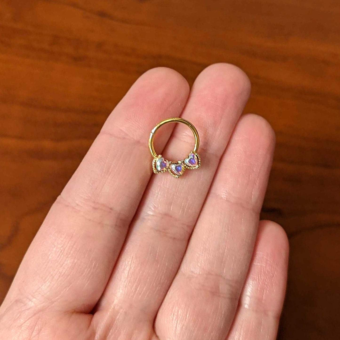 16G 3/8 Aurora Gem Gold Hue Rococo Trio Heart Hinged Segment Ring