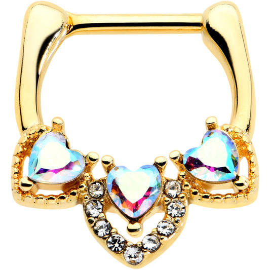 16G 5/16 Clear Aurora Gem Gold Tone Trio Heart Cartilage Clicker
