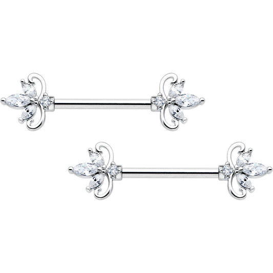14G 9/16 Clear CZ Gem Double Heart Baroque Barbell Nipple Ring Set