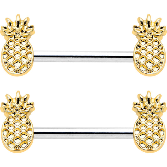 14G 9/16 Lacy Golden Pineapples Barbell Nipple Ring Set