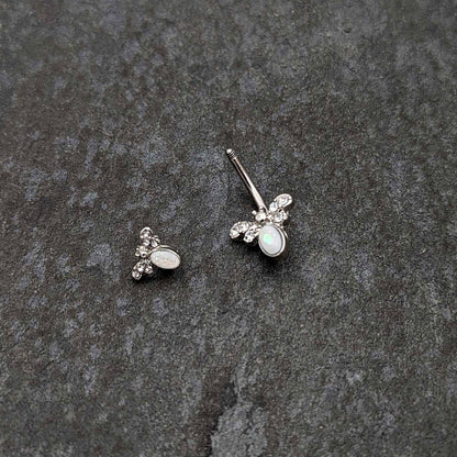 White Faux Opal Clear Gem Double Butterfly Double Mount Belly Ring