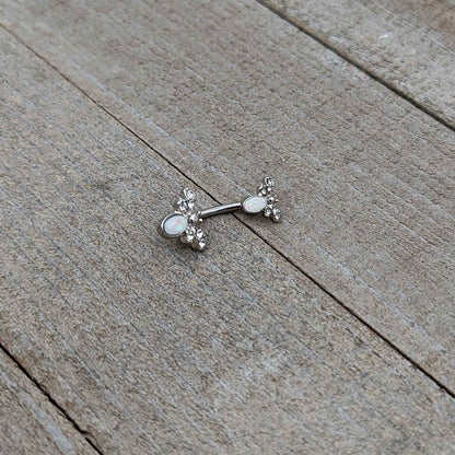 White Faux Opal Clear Gem Double Butterfly Double Mount Belly Ring