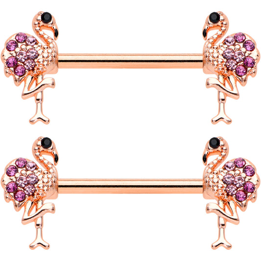 14G 9/16  Pink Gem Rose Gold Hue Fashion Flamingo Nipple Ring Set