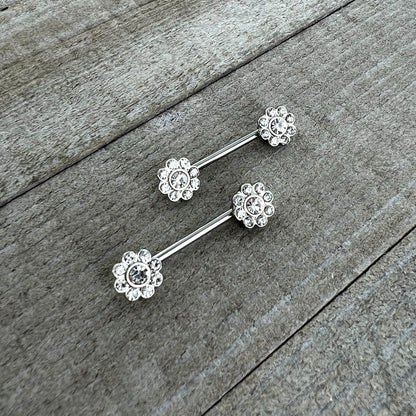 14G 9/16 Clear Gem Whimsy Flower Barbell Nipple Ring Set