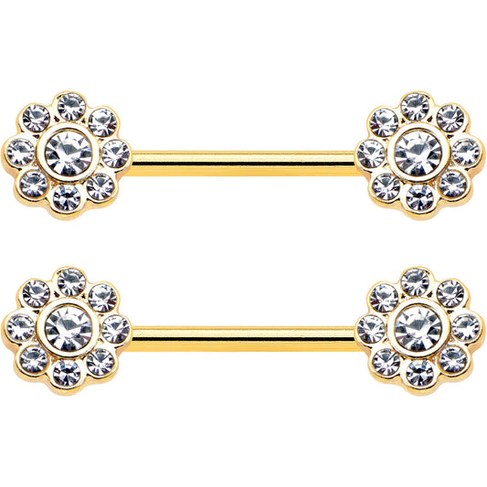 14G 9/16 Clear Gem Gold Tone Whimsy Flower Barbell Nipple Ring Set