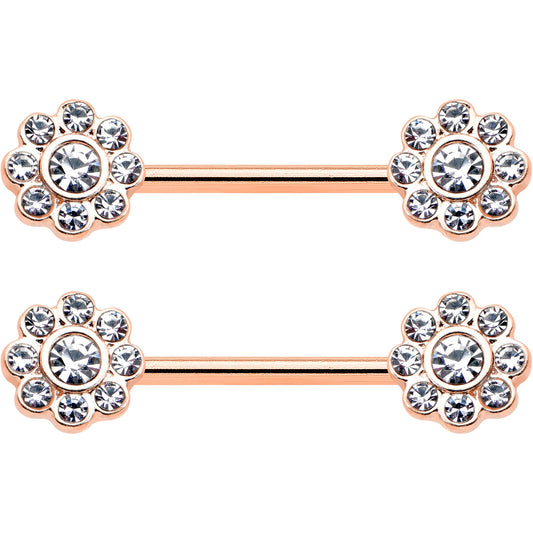 14G 9/16 Clear Gem Rosy Tone Whimsy Flower Barbell Nipple Ring Set