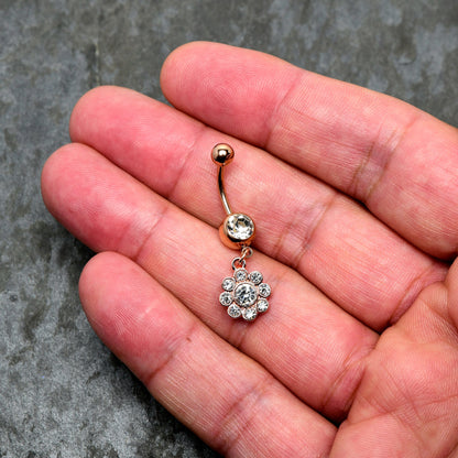 Clear Gem Rose Gold Tone Whimsy Flower Dangle Belly Ring