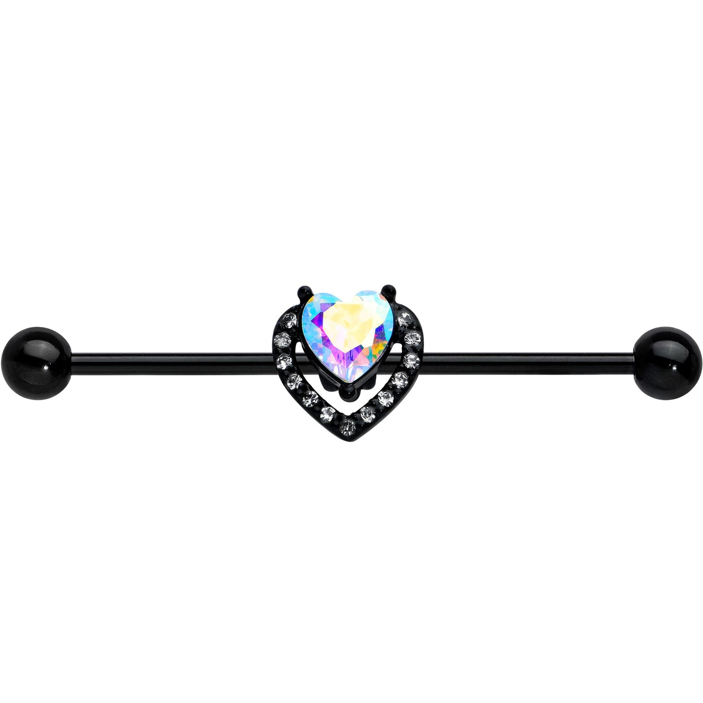 14G Aurora Clear Gem Black Rococo Heart Industrial Barbell 38mm