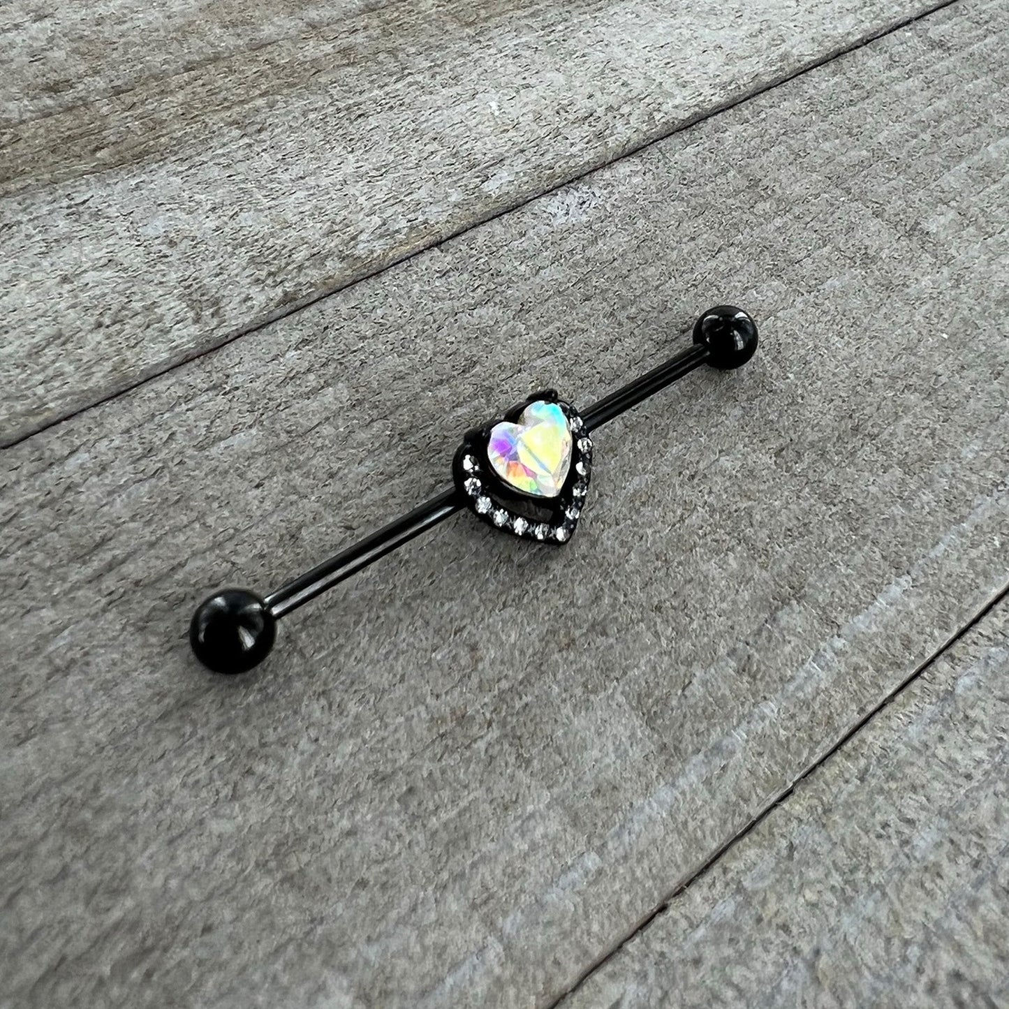 14G Aurora Clear Gem Black Rococo Heart Industrial Barbell 38mm