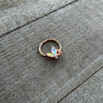 16G 3/8 Aurora CZ Gem Rosy Tone Fleur de Lis Butterfly Hinged Segment Ring