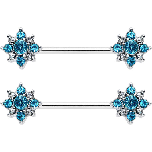 14G 9/16 Clear Blue Gem Opulent Flower Barbell Nipple Ring Set