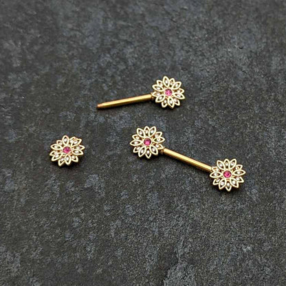 14G 9/16 Clear Pink Gem Gold Tone Starry Flower Nipple Ring Set