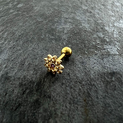 16G 1/4 Pink Gem Gold Tone Starry Flower Cartilage Tragus Earring