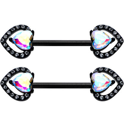 14 G 9/16 Aurora Gem Black Rococo Heart Barbell Nipple Ring Set