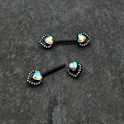 14 G 9/16 Aurora Gem Black Rococo Heart Barbell Nipple Ring Set