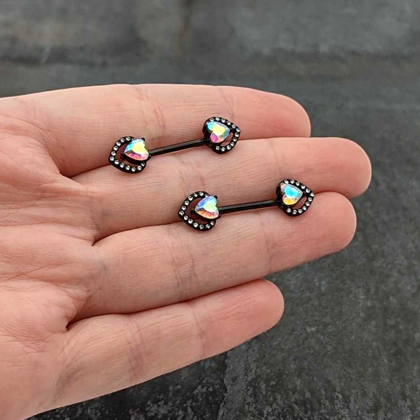 14 G 9/16 Aurora Gem Black Rococo Heart Barbell Nipple Ring Set