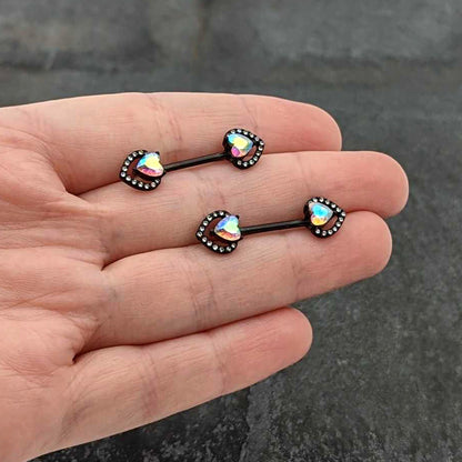 14 G 9/16 Aurora Gem Black Rococo Heart Barbell Nipple Ring Set