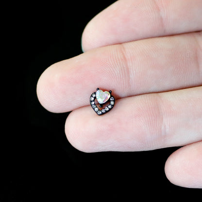 16G 1/4 Aurora Gem Black Double Heart Cartilage Tragus Earring