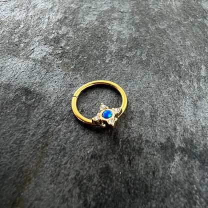 16G 3/8 Blue Synthetic Opal Gold Hue Rhombus Hinged Segment Ring