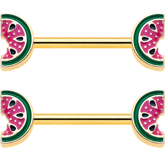 14G 9/16 Gold Tone Watermelon Bite Barbell Nipple Ring Set