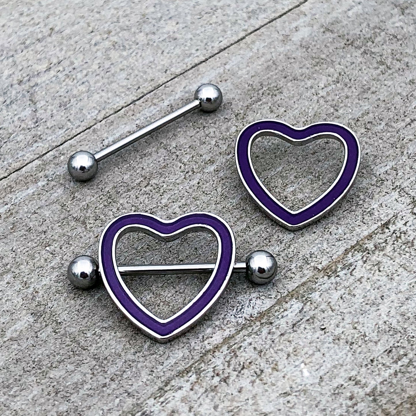14G 5/8 Purple Heart Glow in the Dark Valentine Nipple Shield Set