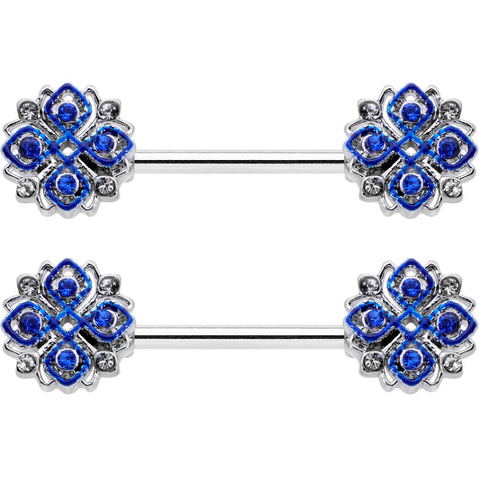 14G 9/16 Clear Blue Gem Embellished Cross Barbell Nipple Ring Set