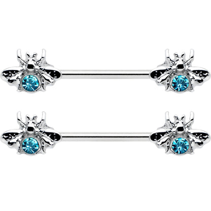 14G 9/16 Blue Gem Bee Beautiful Insect Barbell Nipple Ring Set