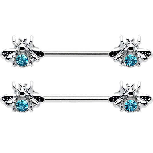 14G 9/16 Blue Gem Bee Beautiful Insect Barbell Nipple Ring Set
