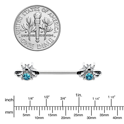 14G 9/16 Blue Gem Bee Beautiful Insect Barbell Nipple Ring Set