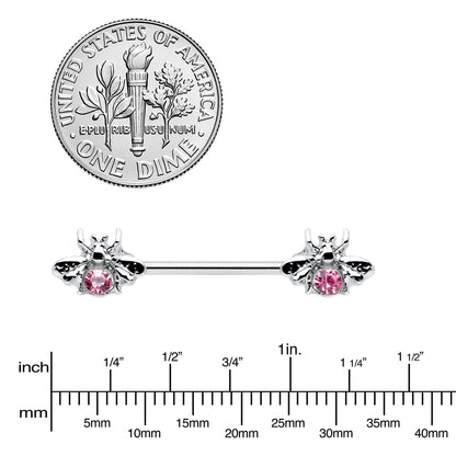 14G 9/16 Pink Gem Bee Beautiful Insect Barbell Nipple Ring Set