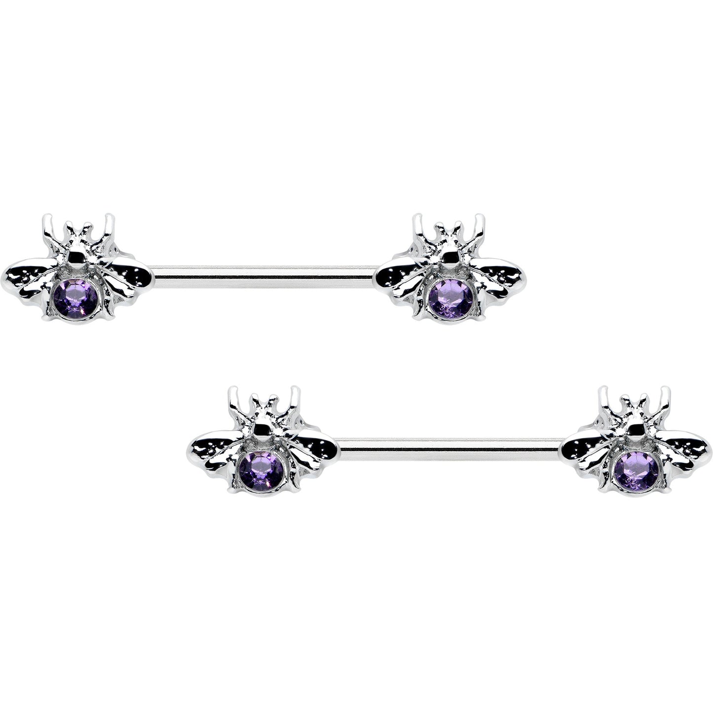 14G 9/16 Purple Gem Bee Beautiful Insect Barbell Nipple Ring Set