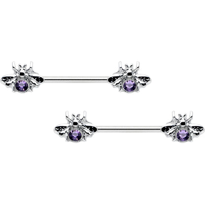 14G 9/16 Purple Gem Bee Beautiful Insect Barbell Nipple Ring Set
