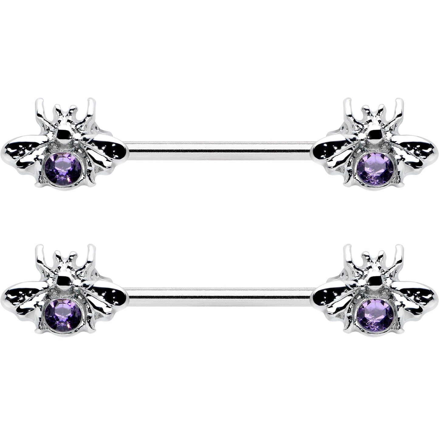 14G 9/16 Purple Gem Bee Beautiful Insect Barbell Nipple Ring Set