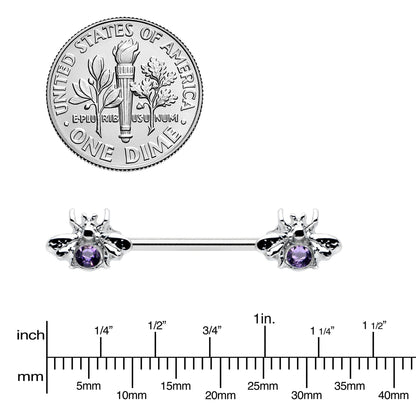 14G 9/16 Purple Gem Bee Beautiful Insect Barbell Nipple Ring Set