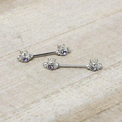14G 9/16 Purple Gem Bee Beautiful Insect Barbell Nipple Ring Set