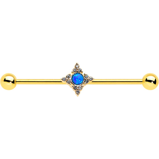 14G Blue Synthetic Opal Gold Tone Rhombus Industrial Barbell 38mm