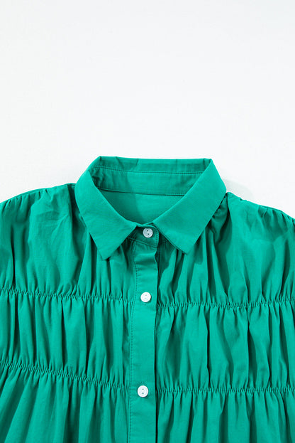 Shirred Ruffle Sleeve Button-Up Mini Dress