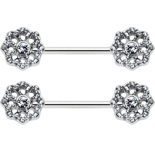 14G 9/16 Clear Gem Epic Fabulous Flower Barbell Nipple Ring Set