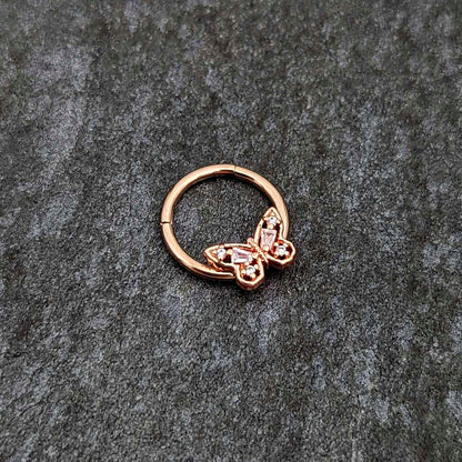 16G 3/8 Clear Gem Rosy Tone Baroque Butterfly Hinged Segment Ring