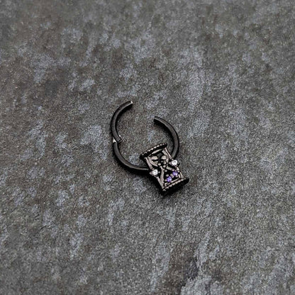 16G 3/8 Purple Gem Black Heart Goth Hourglass Hinged Segment Ring