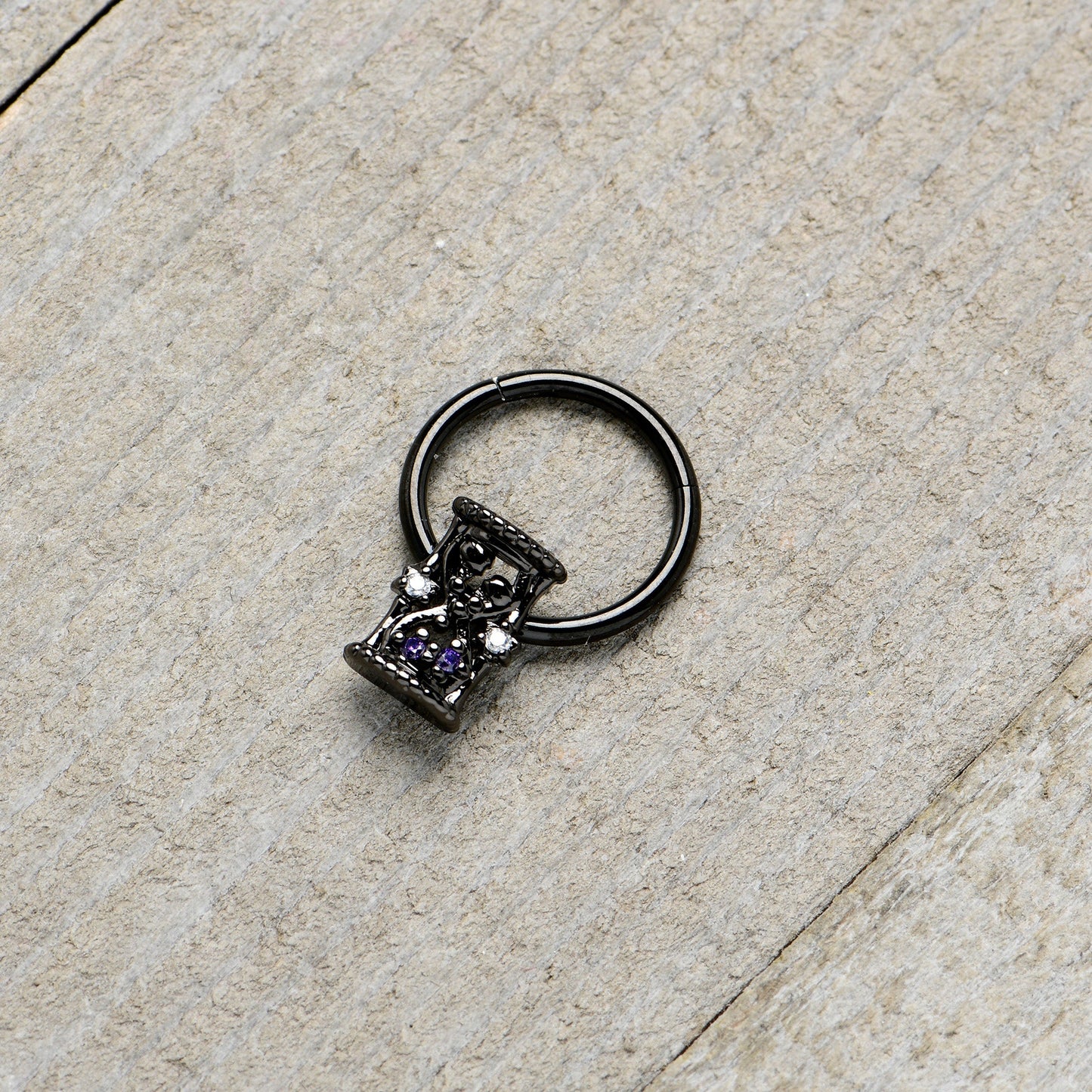 16G 3/8 Purple Gem Black Heart Goth Hourglass Hinged Segment Ring