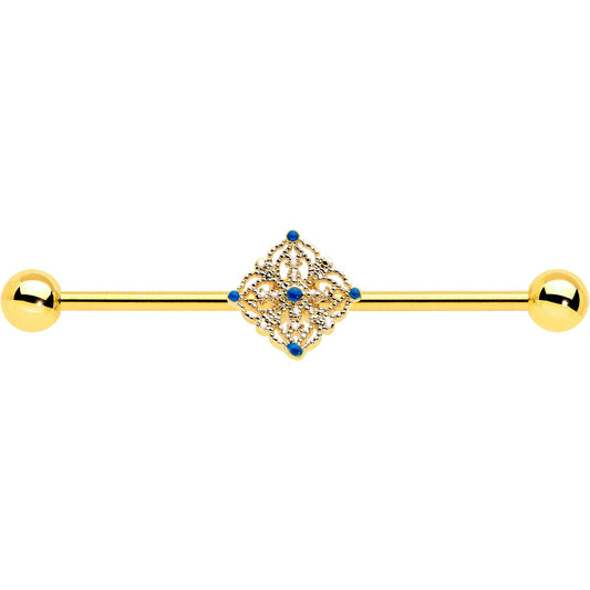 14G Blue Gem Gold Tone Texture Emblem Industrial Barbell 38mm