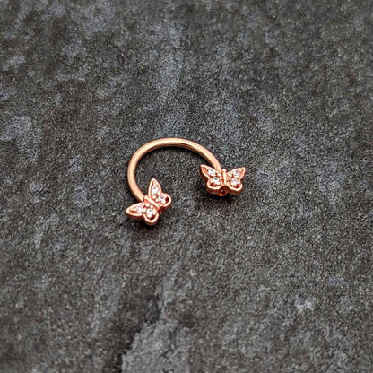 16G 3/8 Clear Gem Rosy Tone Butterfly Horseshoe Circular Barbell